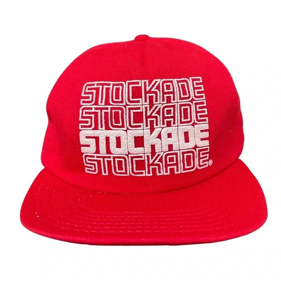 Vtg Stockade Repeating Logo 1980s Retro Red white Snapback Trucker Hat H… - Picture 1 of 8